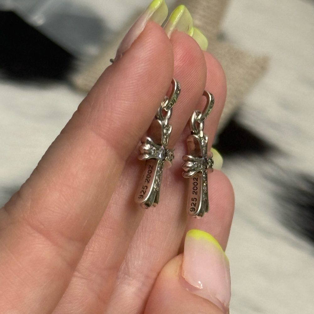 2002 Chrome Hearts Sterling silver Cross Post dangle earrings Pave Rhinestone - Picture 9 of 12